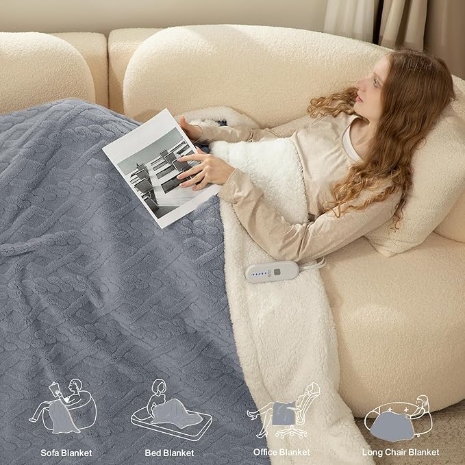 King Size Heated Blanket 100"X90" Blue - Soft Thick Warm Sherpa Electric Blanket for Winter with Dual Control, 5 Heating Levels & 10hrs Auto Off for Women, Overheating Protection for Bed