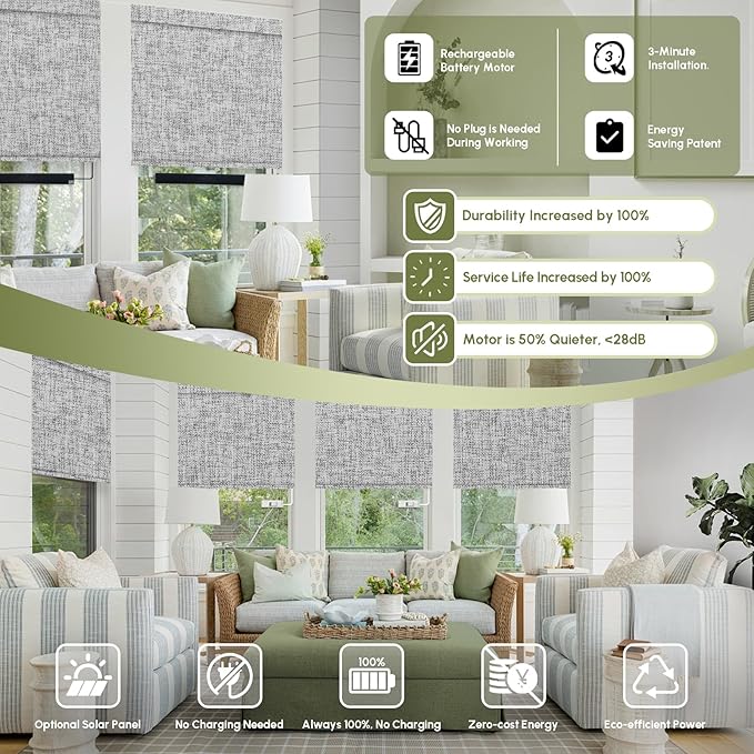 FineTell Motorized Blinds with Remote, 100% Blackout Roller Shades Compatible with Alexa,Apple Homekit,Google Home APP and Voice Control, Customized Electric Blinds (100% Blackout Mist Textured Grey)