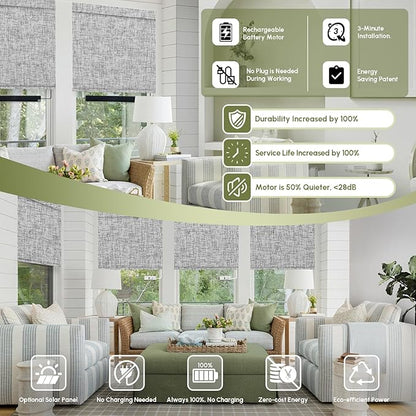 FineTell Motorized Blinds with Remote, 100% Blackout Roller Shades Compatible with Alexa,Apple Homekit,Google Home APP and Voice Control, Customized Electric Blinds (100% Blackout Mist Textured Grey)