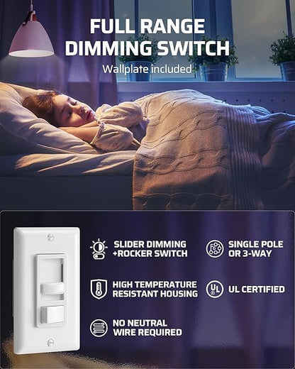 DEWENWILS Dimmer Switch for LED Lights, 600W Incandescent/Halogen and 150W CFL/LED, Single-Pole or 3-Way Dimmer Light Switch, ETL ＆ cUL Listed, White, 2 Packs