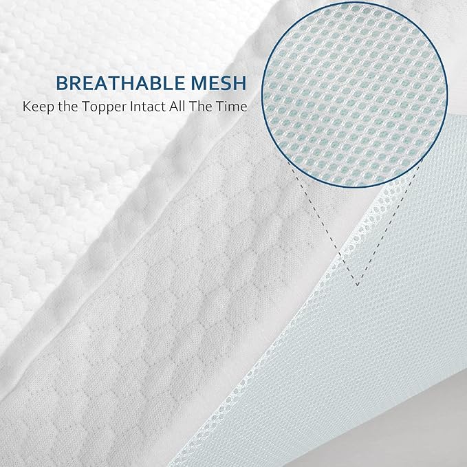 Queen Size Mattress Topper Cover, 1-2 Inch Zippered Viscose Made From Bamboo Foam, Removable Protector With Straps, Memory Foam