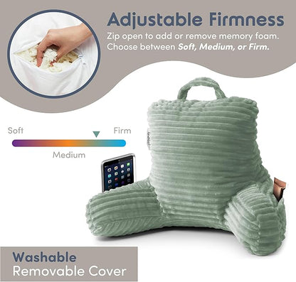 Nestl Reading Pillow for Kids & Teens with Shredded Memory Foam, Luxe Cut Plush Backrest Pillows for Reading and Gaming, For use on Couch, Bed, Floor, Adjustable Support with Washable Cover Sage Green