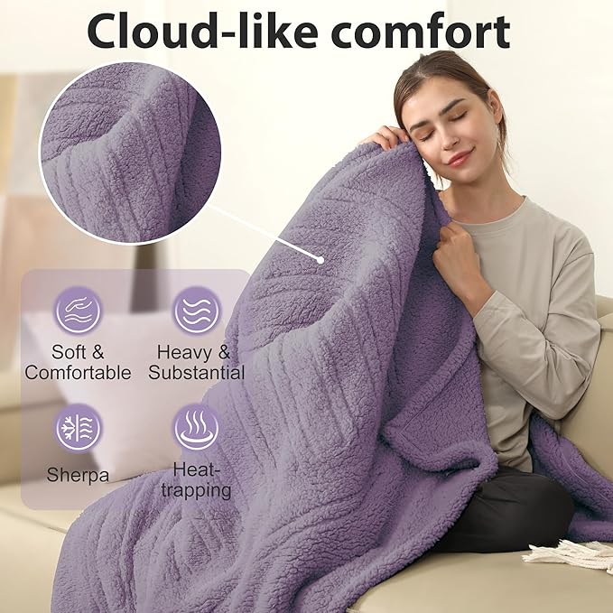 Electric Heated Blanket Throw 50"x 60", 5 Warmth Settings, Auto Shut Off, Double-Sided Soft Sherpa, Ideal Gift, Gray Violet