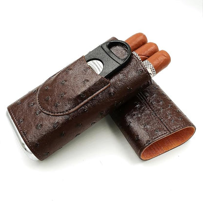 Brown Cigar Case with Cutter - Portable Leather Travel Cigar Holder and Small Humidifier Kit for Men