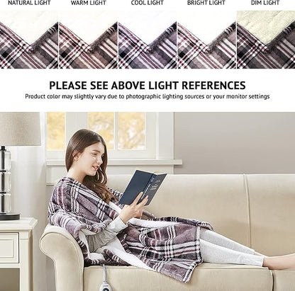 Beautyrest Wearable Electric Poncho Wrap Blanket, Ultra Soft Sherpa & Berber Fleece Heated Throw, UL Certified & Oeko-TEX, 3 Heat Settings & 2 Hour Auto Shutoff, Gift-Ready, 50" x 64", Grey Plaid