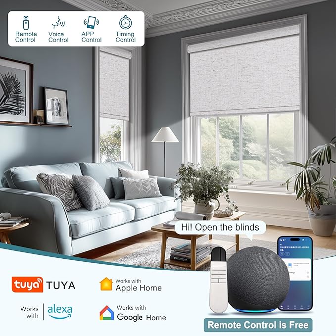 BERISSA Motorized Blinds with Remote,Blackout Smart Roller Shades with App,Voice Control,Thermal Insulated Automatic Blinds,Electric Shades with USB/Solar Pannel.Custom Color