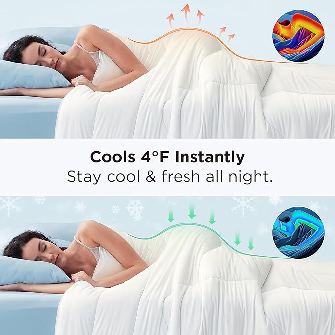 Bedsure Cooling Comforter Queen Size - Cooling Blankets for Hot Sleepers, Lightweight Comforter for Summer with Dual-Sided Cool Tech, Soft Breathable Cold Blanket for Sleeping, White, 88x88 Inches