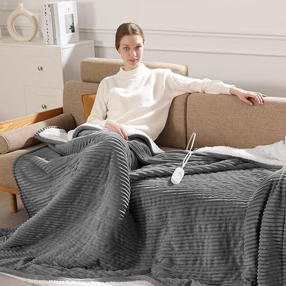 Electric Blanket Twin Size Heated Blanket - 62x84 inch Heating Blanket Twin with 5 Heat Levels & 10 Hours Auto-off, Cozy Flannel and Sherpa Fleece Heated Blankets Machine-washable, Warming Gift (Grey)