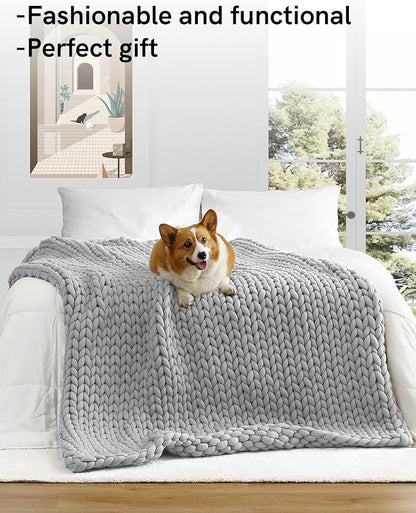 YnM Weighted Blanket, Handmade Chunky Yarn Knitted Design, Soft and Cozy, Temperature Regulating and Breathable, Machine Washable Throw for Sleep or Home Decor (Silver Grey, 50x60 Inch, 10lbs)