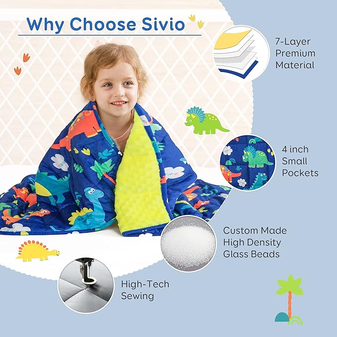 Sivio Weighted Blanket 7 lbs, Super Soft Crystal Velvet & Minky Dots Cartoon Patterns Reverise Heavy Throw, Heavy Blankets, 36 x 48 Inch Blue Dinosaur