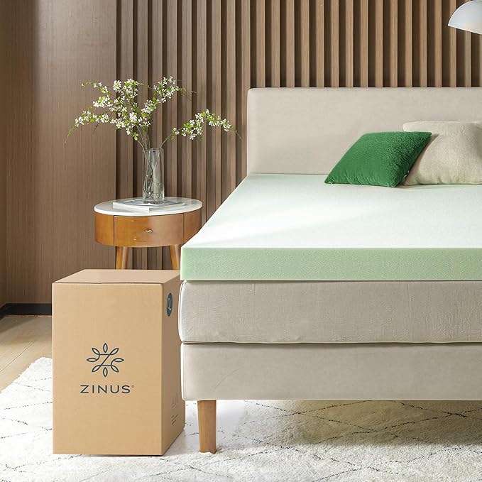 ZINUS 4 Inch Green Tea Memory Foam Mattress Topper, Pressure-Relieving Layer, Ideal for Back Pain Relief, Compact WONDERBOX Packaging, CertiPUR-US Certified, Queen