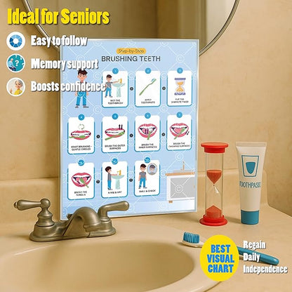 Brushing Teeth with Timer Chart Step by Step Laminated 9x12 Inch for Children Self Care Visual Chart Ideal for Special Needs and Autism (Brushing Teeth Chart with Sandtimer - English)