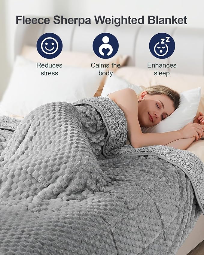 Super Soft Luxury Fleece Sherpa Weighted Blanket 15 lbs for Adults, Turtle Shell Fluffy Cozy Warm Queen Weighted Throw for Winter, Ceramic Beads Washable Heavy Blankets for Couch Bed, Grey, 48" x 72"
