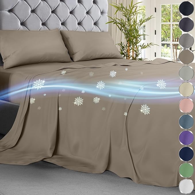 DECOLURE Cooling Bed Sheets King Set 4pcs - Luxurious & Ultra-Soft King Size Cooling Sheets for Hot Sleepers - Comfortable & Cool Bamboo Viscose Microfiber Sheets King Size w/Deep Pockets (Beige)