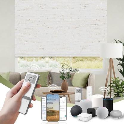 FineTell Motorized Blinds with Remote, 100% Blackout Roller Shades Compatible with Alexa,Apple Homekit,Google Home APP and Voice Control, Customized Electric Blinds (100% Blackout Linen White)