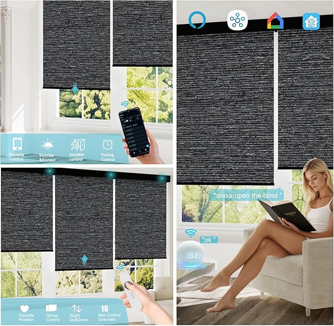 Motorized Blinds with Remote, Smart Blind Roller Shades Compatible with Alexa, Durable Rechargeable Battery Solar Power Electric Window Blinds Motorized Shades Customized Size (Luxury-Black)
