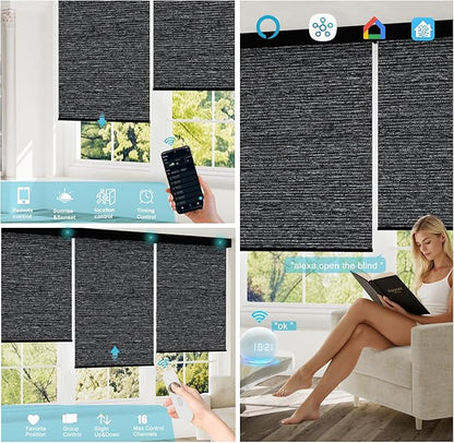 Motorized Blinds with Remote, Smart Blind Roller Shades Compatible with Alexa, Durable Rechargeable Battery Solar Power Electric Window Blinds Motorized Shades Customized Size (Luxury-Black)