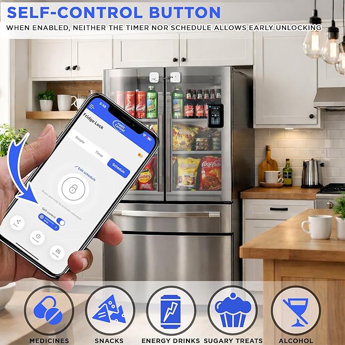Smart Lock - App-Controlled Access for Snacks, Food & Alcohol - 3-in-1 Modes: Timer, Schedule & Simple Lock to Build Focused, Healthy Habits - for Refrigerators, Cabinets & Drawers