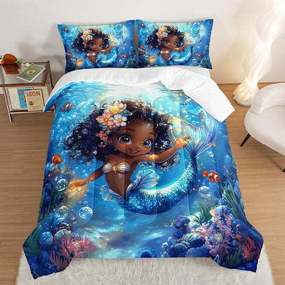 Black Little Mermaid Pattern Twin Comforter Set,Underwater World Ocean Themed Bedding Sets for Kids Toddlers Girls Boys Room Decor,Princess Bedding with 2 Pillowcases.