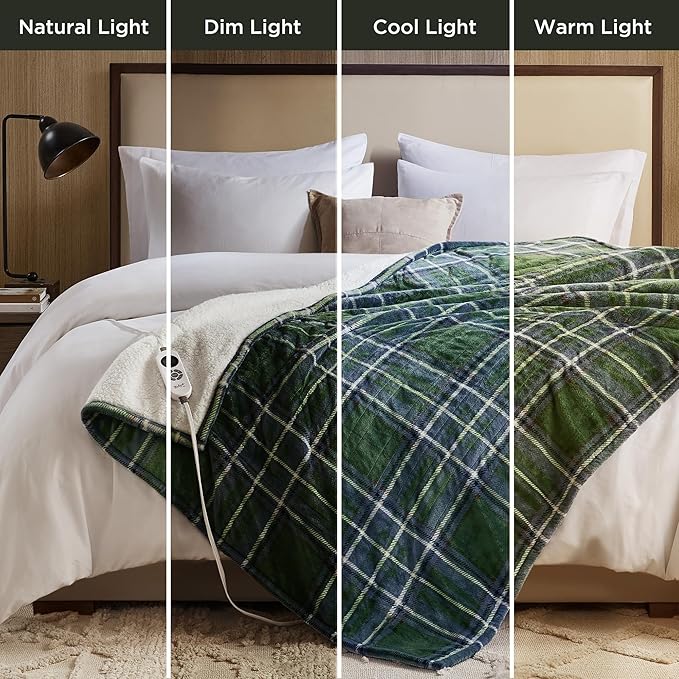 Woolrich Heated Throw Blanket with Ultra Soft Plush and Sherpa Reverse, 12 Heat Settings, Auto Shut-Off, Farmhouse & English Country Gift Throw – Green Plaid Pattern, 50"x60"