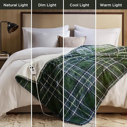 Woolrich Heated Throw Blanket with Ultra Soft Plush and Sherpa Reverse, 12 Heat Settings, Auto Shut-Off, Farmhouse & English Country Gift Throw – Green Plaid Pattern, 50"x60"