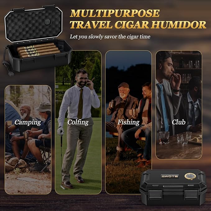 Travel Cigar Humidor Set with Torch Lighter, Ashtray, Holder, Humidifier & Hygrometer, Portable Travel Cigar Case with Cigar Accessories for Men Gift, Butane not included