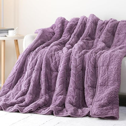 Cottonblue Jacquard Weighted Blanket 15lbs for Adults Twin Full Size, Soft Fuzzy Sherpa Fleece Weighted Throw Blankets 48x72 in for Relax and Sleep, Cozy Heavy Bed Blankets with Cemaric Beads, Purple
