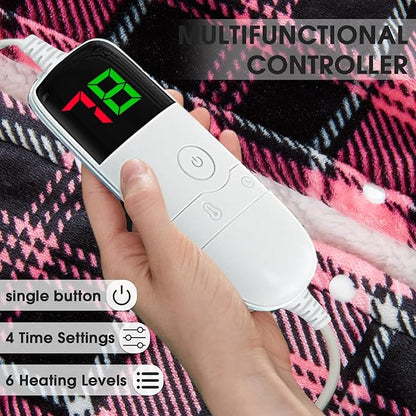 Pink Heated Blanket Electric, Queen Size 84X90, 10 Heat Levels/8 Hours Auto Off/Dual Control for Bed, Blue Plaid Checkered Sherpa Blanket Warmer for Adult, Washable Gift