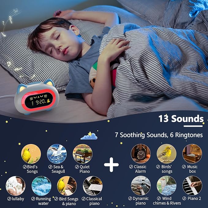 BC-YD-03W-002ds Bedrooms, Kids Alarm Clock with Dual Alarm Snooze Mode 10 Color Night Light Sleep Training Eye Protection Auto Off Timer Blue Cat, Gifts for Kids Girls Boys Teens