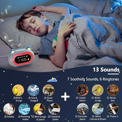 BC-YD-03W-002ds Bedrooms, Kids Alarm Clock with Dual Alarm Snooze Mode 10 Color Night Light Sleep Training Eye Protection Auto Off Timer Blue Cat, Gifts for Kids Girls Boys Teens