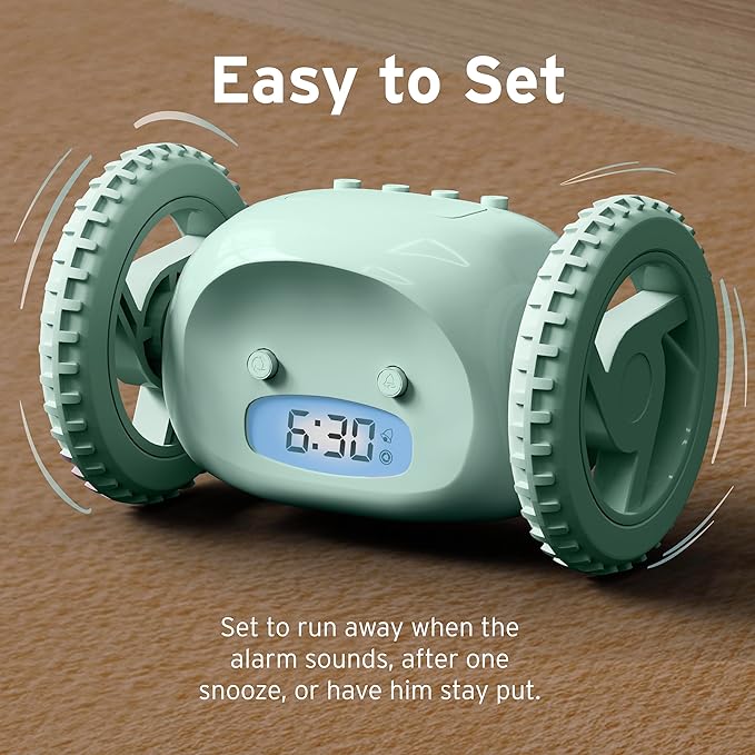CLOCKY Alarm Clock on Wheels – Loud Rolling Alarm Clock for Heavy Sleepers | Runaway Clock That Jumps & Runs to Wake You Up | Funny Unique Gift for Adults, Teens & Kids Bedrooms (Mint)