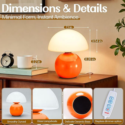 Small Mushroom Lamp,USB-Plug in Bedside Table Lamps with 3-Temperature LED Bulb Dimmable,Unique Cute Aesthetic Home Decor for Living Room,Bedroom, Modern Ceramic Base Glass Lamp(Orange)
