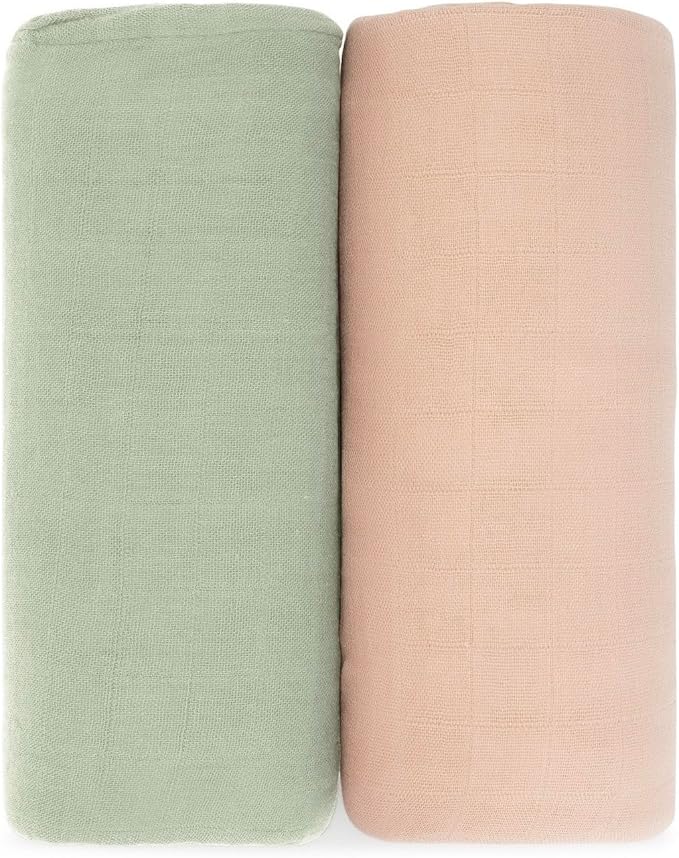 Comfy Cubs Muslin Swaddle Blankets Pack of 2, 47 x 47 Inch Soft Cotton Baby Blanket Set, Large Multipurpose Wraps for Newborns - Self-Soothing Swaddles for Newborns - Sage & Blush