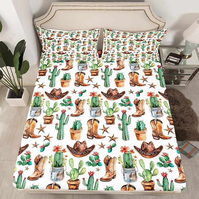 Manfei Cowboy Boots Hats Bed Sheet Set 3 Pieces,American Western Tribal Texas Star Vintage Microfiber Bedding Set Without Flat,Rustic Desert Cactus Natural Fitted Sheet,2 Pillow Cases,Full Size