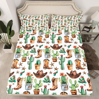Cowboy Boots Hats Fitted Sheet Set with 2 Pillowcase,American Western Tribal Texas Star Vintage Microfiber Mattress Cover,Rustic Desert Cactus Natural Bed Cover Queen Size