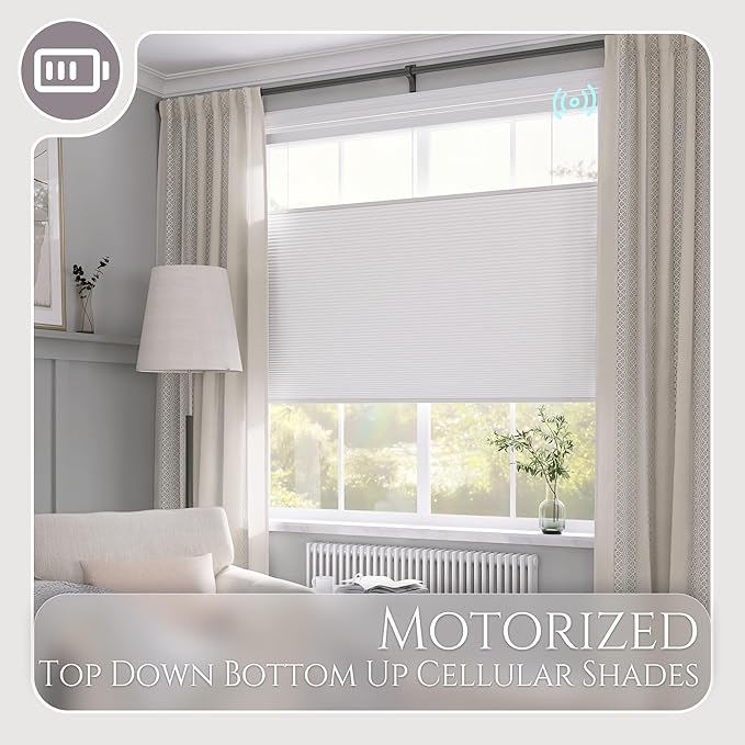 Motorized Top Down Bottom Up Cellular Shades, Smart Electric TDBU Honeycomb Blind with Remote, Blackout or Light Filtering Fabric, Automatic Cellular Shade for Home and Office Indoor Window