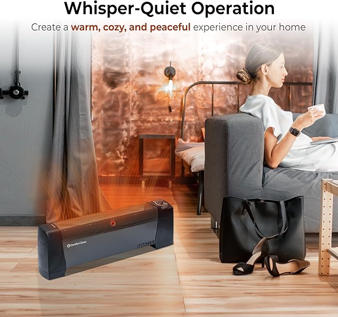 Comfort Zone 1500W Convection Baseboard Heater – Silent Portable Electric Space Heater with Adjustable Thermostat, 2 Heat Settings & Safety Tip-Over Switch – Black