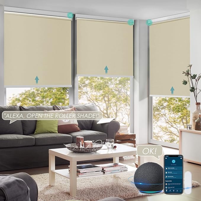 Allesin Motorized Roller Shade Blinds Work with Alexa for Window, 100% Blackout Smart Shades Cordless with Remote Control, Electric Automated Blinds for Window, Customized Size for Smart Home (Khaki)