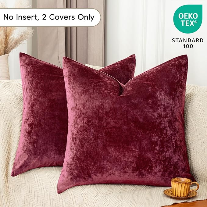 PHF Truly Velvet Throw Pillow Covers, 24"x24", No Insert, 2 Pack Color Gradient Cushion Covers, Ultra Soft Cozy Square Covers Shell for Home Decorative, No Shedding, No Pilling, Wine Red