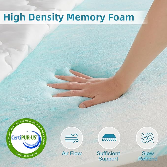 SAPHREAS Memory Foam Mattress Topper Queen Size, 3" Cooling Gel Memory Foam and 1" Soft Ventilated Mattress Pad Cover, Back Pain & Pressure Relief, 5-Zone Egg Crate Bed Topper