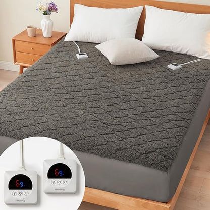 Electric Heated Mattress Pad 78x80IN Dual Controllers Heating Mattress Pad King Size 6 Heat Settings 1-9-Hour Timer Auto-Off Deep Pocket Machine Washable FCC&ETL Certificated Moonbeam Gray