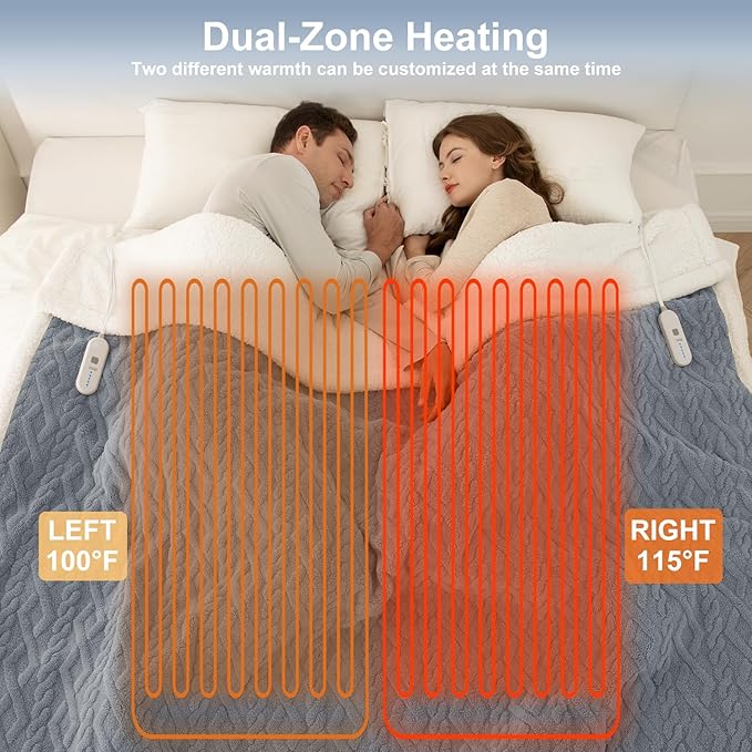 King Size Heated Blanket 100"X90" Blue - Soft Thick Warm Sherpa Electric Blanket for Winter with Dual Control, 5 Heating Levels & 10hrs Auto Off for Women, Overheating Protection for Bed