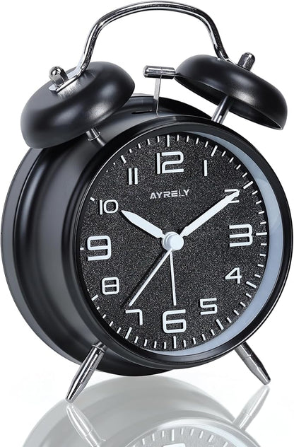 AYRELY® Super Loud Twin Bell Alarm Clock for Heavy Sleepers Adults, 4-Inch Retro Silent Non-Ticking with Night-Light, 3D Raised Number Dial, Battery Operated for Bedroom Bedside(3D Dial – Black)