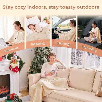 JOLLYVOGUE USB Heated Blanket Throw, Wearable & Portable Heating Electric Blanket for Adults, 3 Levels & 8 Heating Zone Shawl for Indoor & Outdoor, Beige (Battery Not Included)