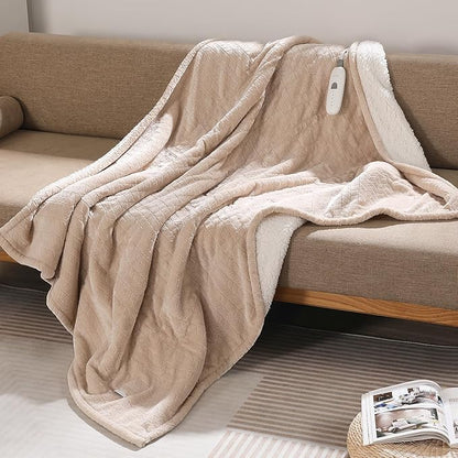 Electric Throw Blanket Heated Throw 50''x60''- Wheat Pattern Flannel & Sherpa Heated Lap Blanket with 5 Heat Settings & 4-Hour Auto Shut-Off, ETL & FCC Certified, Machine Washable Home Use, Beige