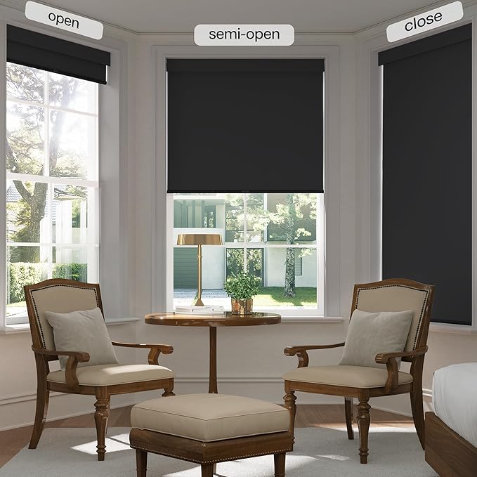 LazBlinds No Drill Blinds for Indoor Windows, Blackout Roller Shades, Cordless Window Blackout Blinds, Thermal Insulated Fabric UV Protection for Home and Office, 21.5" W x 48" H, Black