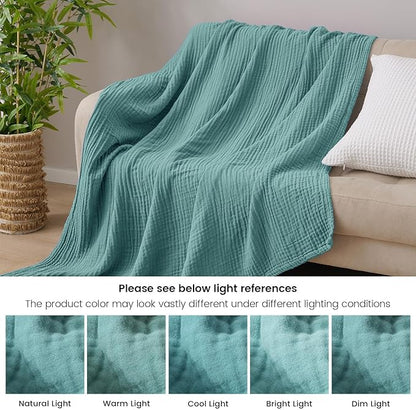 PHF Cooling Muslin Throw Blanket for Hot Sleepers, 60% Viscose from Bamboo, 40% Cotton and 4-Layer Breathable Gauze Blanket for Bed Couch, 50"x60", Teal Blue