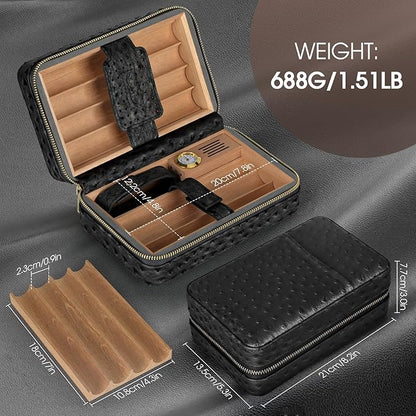 Scotte Cigar Humidor Box, Cigar Lighter Cedar Wood Lined Leather Cigar Case Built in Hygrometer & Humidifier, Torch Lighter with Cigar Holder Cigar Punch Portable Travel Cigar Humidor Kit (Black)
