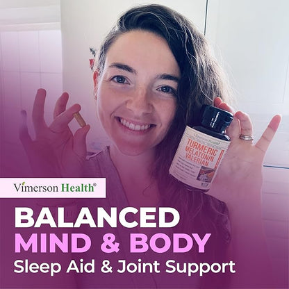 Melatonin 3mg Sleep Aid with L-Theanine & Valerian Root – Turmeric Curcumin Supplement with Ginger & Black Pepper – Organic Turmeric Supplement for Sleep, Calm and Stress Relief Support – 60 Capsules