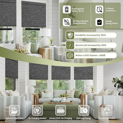 FineTell Motorized Blinds with Remote, 100% Blackout Roller Shades Compatible with Alexa,Apple Homekit,Google Home APP and Voice Control, Customized Electric Blinds (100% Blackout Classic Dark Grey)